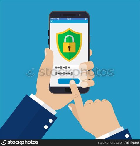 Mobile security app on smartphone screen. Hand holding phone. Vector illustration in flat style. Mobile security app on smartphone screen.
