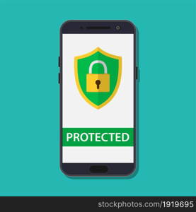 Mobile security protection. security smartphone app sign, screen shield. Vector illustration in flat style. Mobile security protection