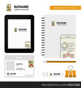Mobile setting Business Logo, Tab App, Diary PVC Employee Card and USB Brand Stationary Package Design Vector Template