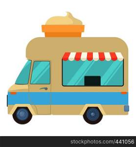 Mobile shop truck with big ice cream cup icon. Cartoon illustration of mobile shop truck with big ice cream cup i vector icon for web. Mobile shop truck with big ice cream cup icon