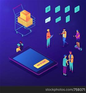 Mobile shopping and online order isometric set. Buyer ordering goods with tablet, customer paying online, mobile shopper and cart with boxes. Blue violet background. Vector 3d isometric illustration.. Mobile shopping and online order isometric set.