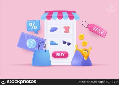 Mobile shopping application concept 3D illustration. Icon composition with goods on smartphone screen, sale with discounts, wallet with coins, credit card. Vector illustration for modern web design