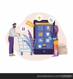 Mobile shopping concept. A man and a woman shopping at online store. Shoppinge-commerce app with discounts and sales. Flat design style. Online shopping vector illustration.. Mobile shopping concept. A man and a woman shopping at online store.
