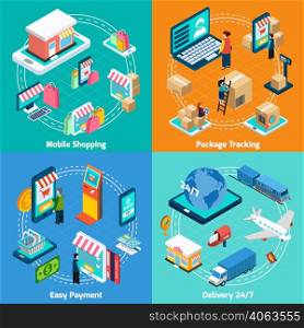Mobile shopping delivery payment and tracking with related elements isometric 2x2 icons set. Mobile Shopping Isometric 2x2 Icons Set