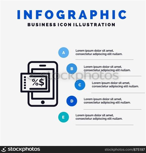Mobile, Shopping, Discount Blue Infographics Template 5 Steps. Vector Line Icon template