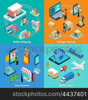 Mobile Shopping Isometric 2x2 Icons Set. Mobile shopping delivery payment and tracking with related elements isometric 2x2 icons set