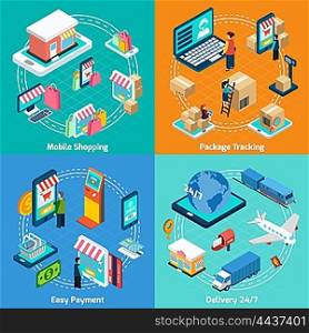Mobile Shopping Isometric 2x2 Icons Set. Mobile shopping delivery payment and tracking with related elements isometric 2x2 icons set