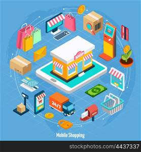 Mobile Shopping Isometric Concept. Mobile shopping isometric concept with related elements on light blue background vector illustration