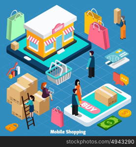 Mobile Shopping Isometric Concept. Mobile shopping with related elements isometric concept on blue background vector illustration