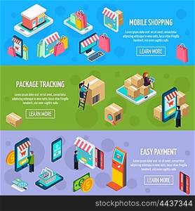 Mobile Shopping Isometric Horizontal Banners. Mobile shopping isometric horizontal banners with payment and package tracking isometric isolated vector illustration