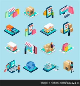 Mobile Shopping Isometric Icons Set. Mobile shopping with various related elements isometric isolated icons set on blue background vector illustration