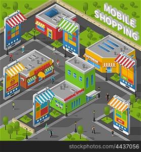 Mobile Shopping Isometric. Isometric image with people walking the street with real shops and smartphone-shaped online shops nearby vector illustration