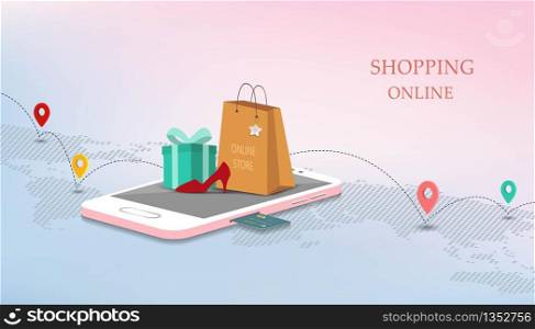 Mobile shopping online with credit card,marketing and digital concept on isometric style,vector illustration