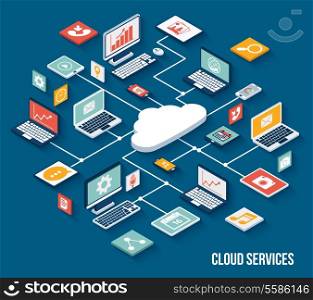 Mobile smartphone services cloud concept with isometric application buttons set vector illustration