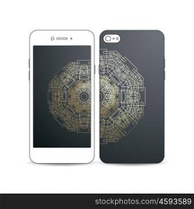Mobile smartphone with an example of the screen and cover design isolated. Round golden technology pattern on dark background, mandala template, connecting lines and dots, connection structure.
