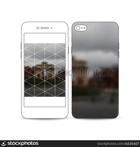 Mobile smartphone with an example of the screen and cover design isolated on white. Polygonal background, blurred image, urban landscape, Paris cityscape, modern triangular vector texture.