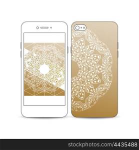 Mobile smartphone with an example of the screen and cover design isolated on white. Golden microchip pattern, connecting dots and lines, connection structure. Digital scientific background