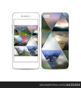Mobile smartphone with an example of the screen and cover design isolated on white. Abstract colorful polygonal background, natural landscapes, geometric, triangular style vector.