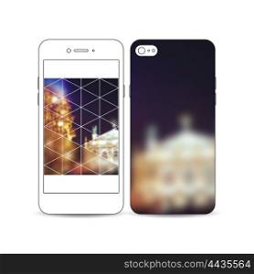 Mobile smartphone with an example of the screen and cover design isolated on white. Colorful polygonal background, blurred image, night city landscape, festive cityscape, triangular texture