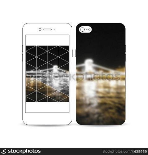 Mobile smartphone with an example of the screen and cover design isolated on white. Colorful polygonal background, blurred image, night city landscape, modern triangular vector texture