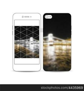 Mobile smartphone with an example of the screen and cover design isolated on white. Colorful polygonal background, blurred image, night city landscape, modern triangular vector texture