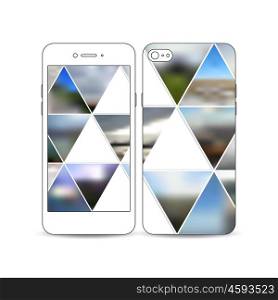 Mobile smartphone with an example of the screen and cover design isolated on white. Abstract colorful polygonal background, natural landscapes, geometric, triangular style vector illustration.. Mobile smartphone with an example of the screen and cover design isolated on white background. Abstract colorful polygonal background, natural landscapes, geometric, triangular style vector.