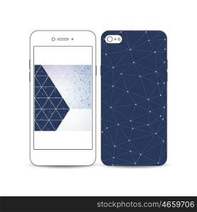 Mobile smartphone with an example of the screen and cover design isolated on white. Polygonal backdrop with connecting dots and lines, connection structure isolated on blue. Digital or science vector.