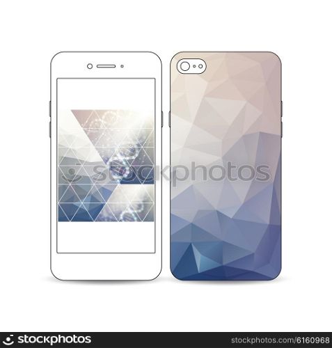 Mobile smartphone with an example of the screen and cover design isolated on white. DNA molecule structure. Science vector.. Mobile smartphone with an example of the screen and cover design isolated on white background. DNA molecule structure on a blue background. Science vector background.