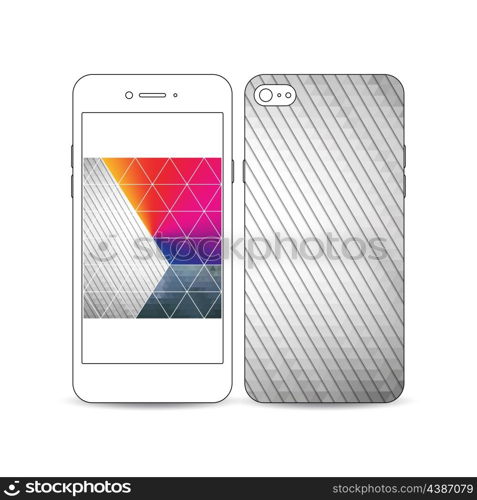 Mobile smartphone with an example of the screen and cover design isolated on white background. Abstract colorful polygonal background, modern stylish triangle vector texture.