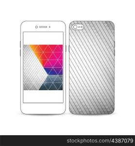 Mobile smartphone with an example of the screen and cover design isolated on white background. Abstract colorful polygonal background, modern stylish triangle vector texture.