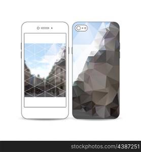 Mobile smartphone with an example of the screen and cover design isolated on white background. Polygonal background, blurred image, urban landscape, modern stylish triangular vector texture.