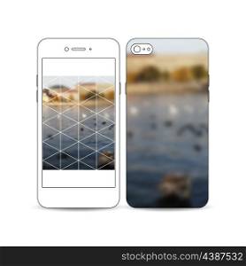 Mobile smartphone with an example of the screen and cover design isolated on white background. Polygonal background, blurred image, urban landscape, cityscape, modern stylish triangular vector texture