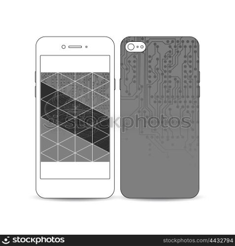Mobile smartphone with an example of the screen and cover design isolated on white background. Microchip background, electrical circuits, construction with connected lines, digital design vector