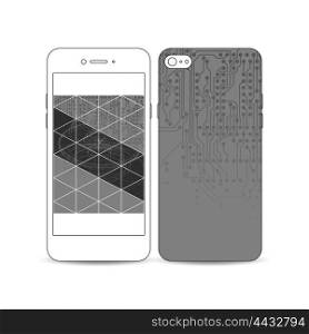 Mobile smartphone with an example of the screen and cover design isolated on white background. Microchip background, electrical circuits, construction with connected lines, digital design vector