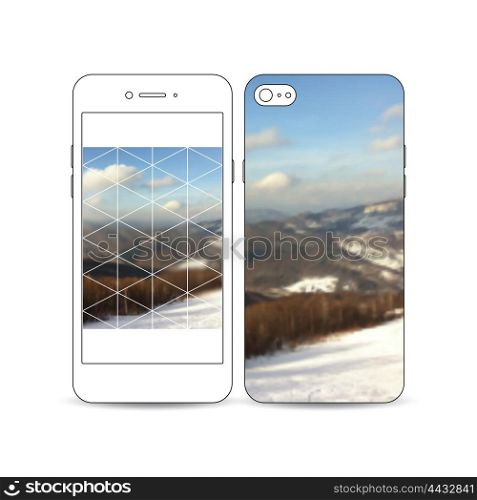 Mobile smartphone with an example of the screen and cover design isolated on white background. Colorful polygonal backdrop, blurred background, mountain landscape, modern triangle vector texture.