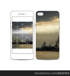 Mobile smartphone with an example of the screen and cover design isolated on white background. Colorful polygonal background with blurred image, seaport landscape, modern triangular vector texture.