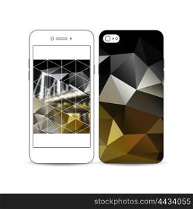 Mobile smartphone with an example of the screen and cover design isolated on white background. Colorful polygonal background, blurred image, night city landscape, modern triangular vector texture