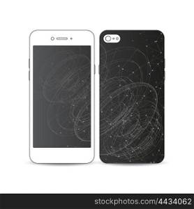 Mobile smartphone with an example of the screen and cover design isolated on white background. Molecular construction with connected lines and dots, scientific or digital design pattern on black background.