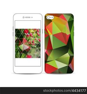 Mobile smartphone with an example of the screen and cover design isolated on white background. Colorful polygonal floral background, blurred image, red flowers on green, modern triangular texture.