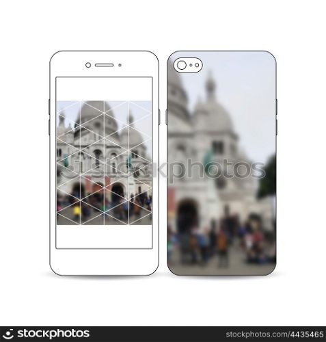 Mobile smartphone with an example of the screen and cover design isolated on white background. Blurred image, view of cathedral Sakre-Ker, Paris cityscape, modern vector texture