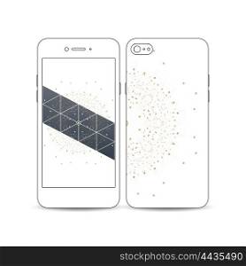 Mobile smartphone with an example of the screen and cover design isolated on white background. Polygonal backdrop with connecting dots and lines, golden mandala on white, connection structure.