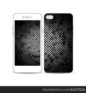 Mobile smartphone with an example of the screen and cover design isolated on white background. Abstract polygonal background, modern stylish sguare design silver vector texture.