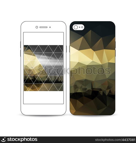 Mobile smartphone with an example of the screen and cover design isolated on white background. Colorful polygonal background with blurred image, seaport landscape, modern triangular vector texture.