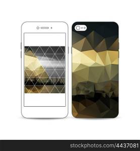 Mobile smartphone with an example of the screen and cover design isolated on white background. Colorful polygonal background with blurred image, seaport landscape, modern triangular vector texture.