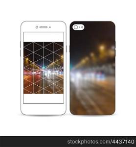 Mobile smartphone with an example of the screen and cover design isolated on white background. Dark polygonal background, blurred image, night city landscape, car traffic, modern triangular texture.
