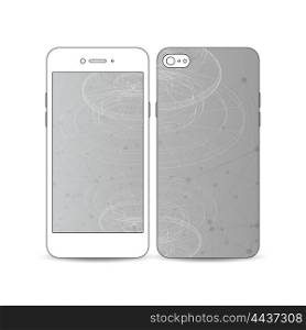 Mobile smartphone with an example of the screen and cover design isolated on white background. Molecular construction with connected lines and dots, scientific or digital design pattern on gray background.