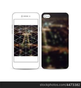 Mobile smartphone with an example of the screen and cover design isolated on white background. Dark polygonal background, blurred image, night city landscape, Paris cityscape, triangular texture.