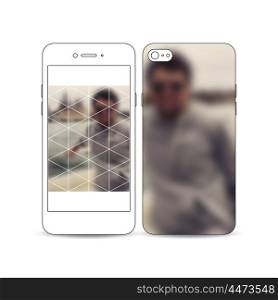Mobile smartphone with an example of the screen and cover design isolated on white background. Polygonal background, blurred image, vacation, travel, tourism. Modern triangular vector texture.