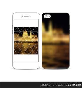 Mobile smartphone with an example of the screen and cover design isolated on white background. Colorful polygonal background, blurred image, night city landscape, triangular vector texture.