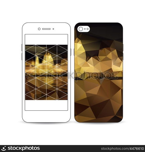 Mobile smartphone with an example of the screen and cover design isolated on white background. Colorful polygonal background, blurred image, night city landscape, triangular vector texture.